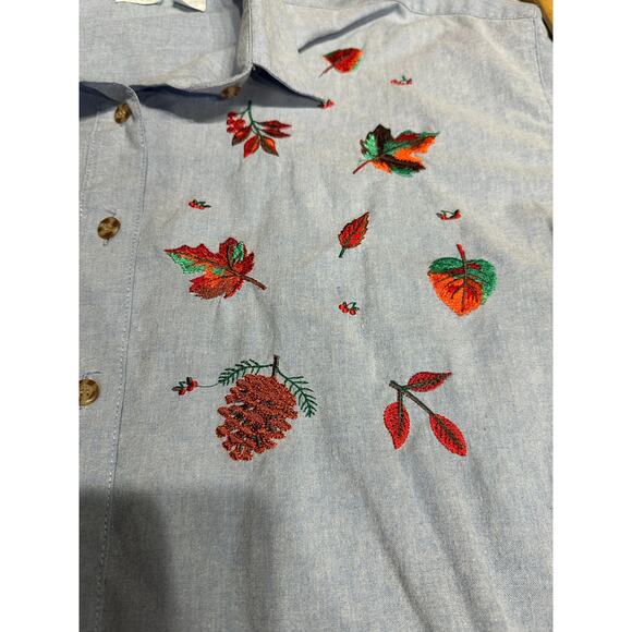 Mystic Blues Women’s Button Up Shirt Chambray Blue Fall Leaves Pinecones 20W - Picture 9 of 11
